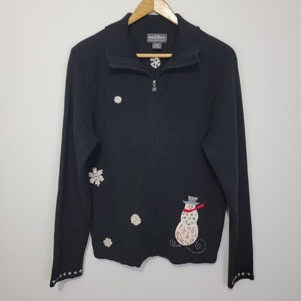 Woolrich Womens Winter Embroidered Snowman Cardigan Size M Full Zip Snowflake